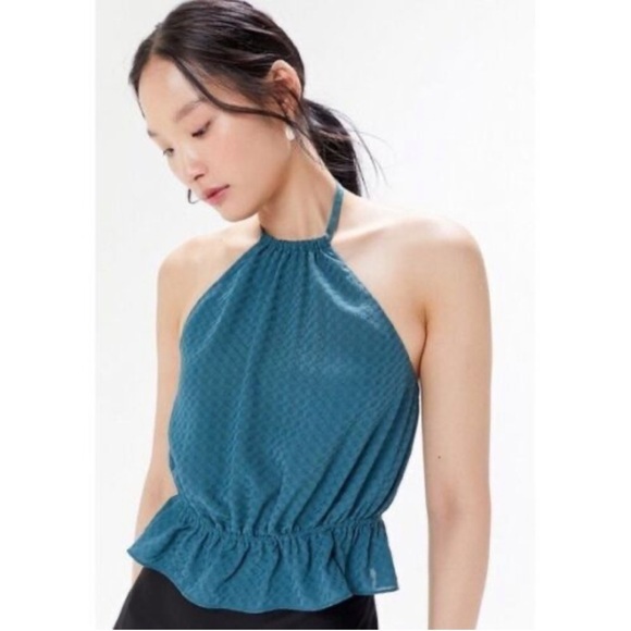 Urban Outfitters Autumn Hi Neck Halter Womens Small S Blue Peplum Hem Top Shirt - Picture 1 of 8